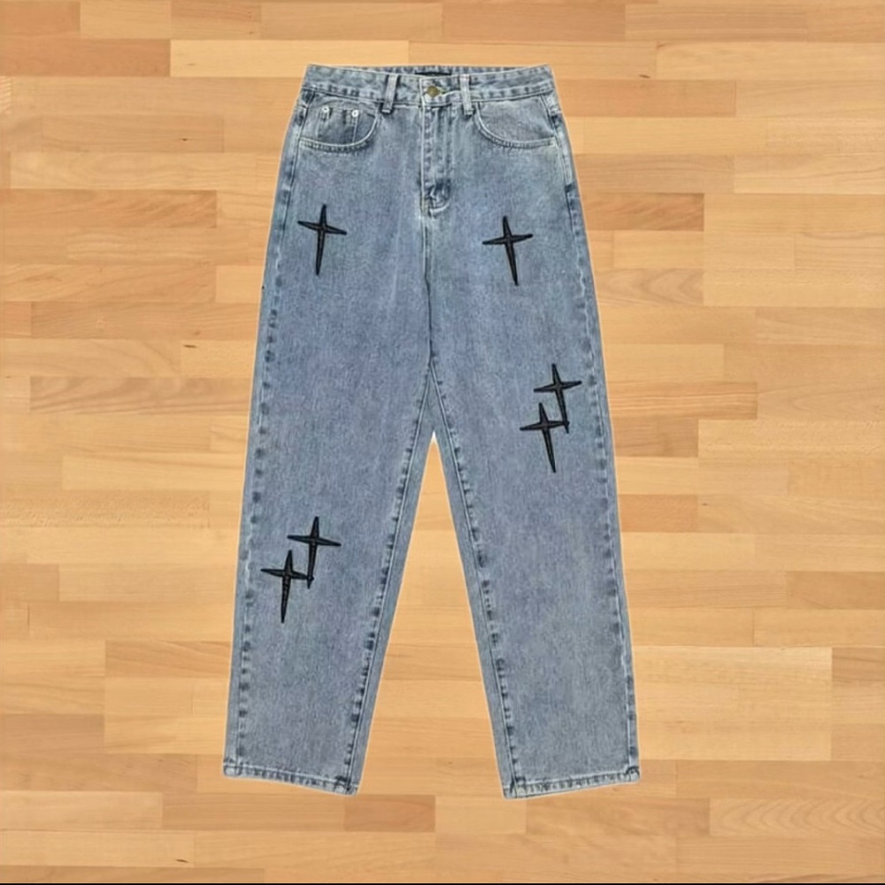 Straight loose ODM embroidered denims, embellished crosses front and back🚑